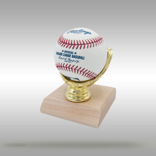 Gold Glove Baseball Display with Wooden Base - Natural and Dark Stain Finish