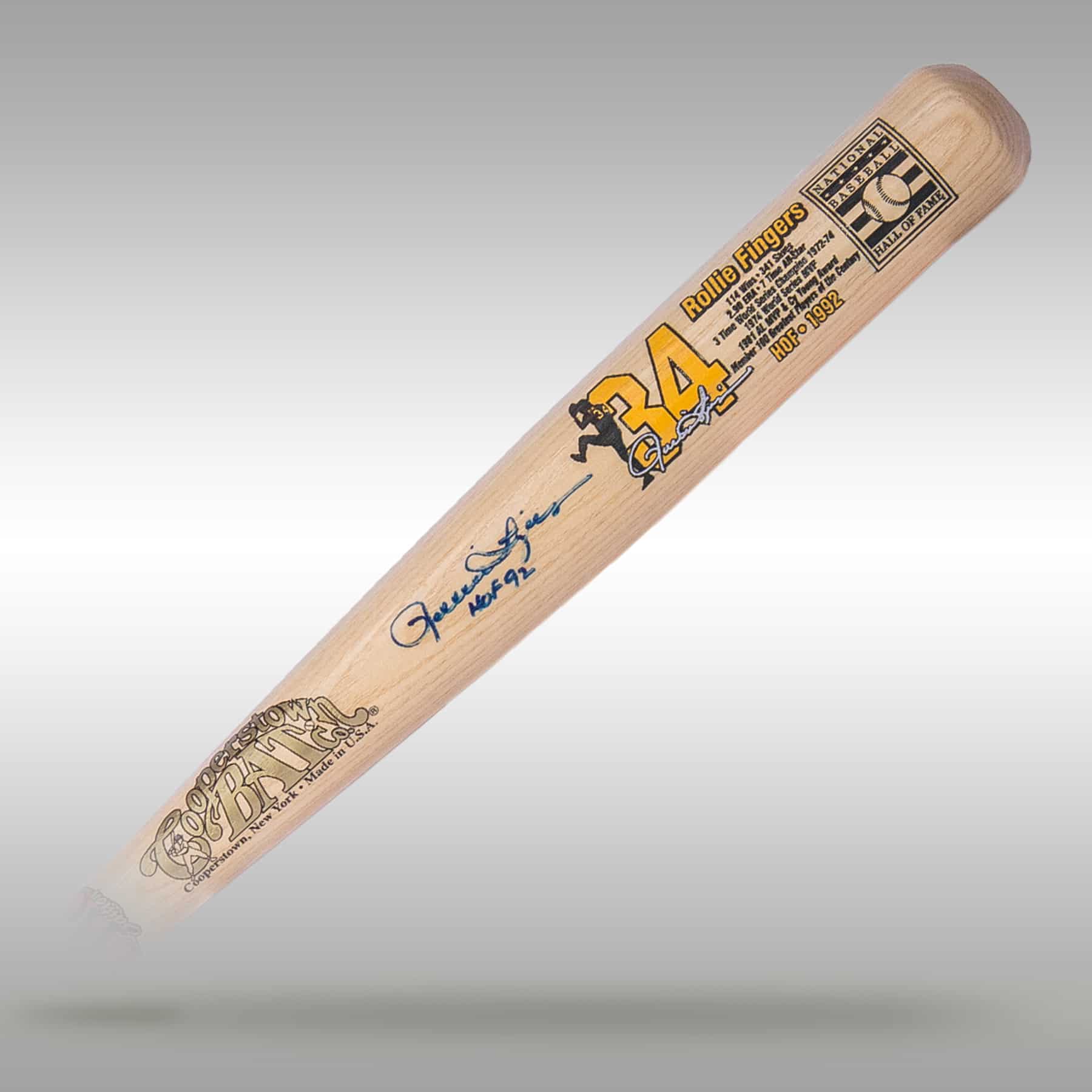 Rollie Fingers National Baseball Hall of Fame Autographed Stat Bat